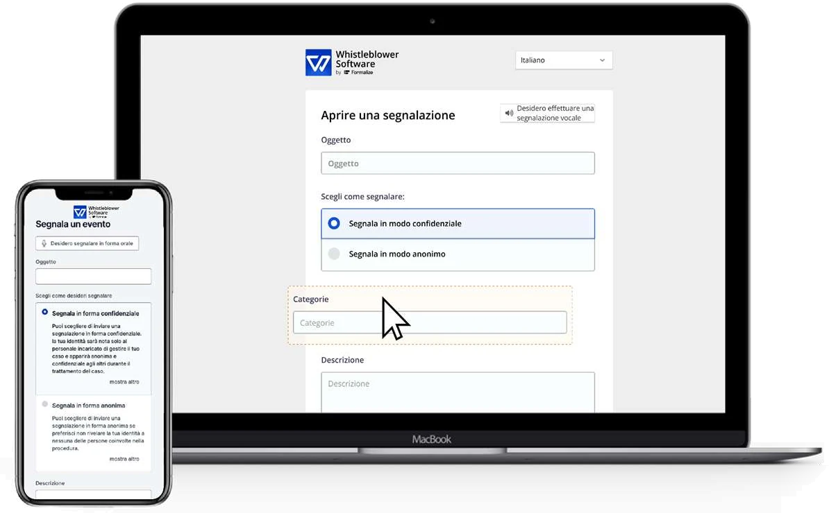 Pagina di segnalazione della piattaforma whistleblowing su computer e smartphone